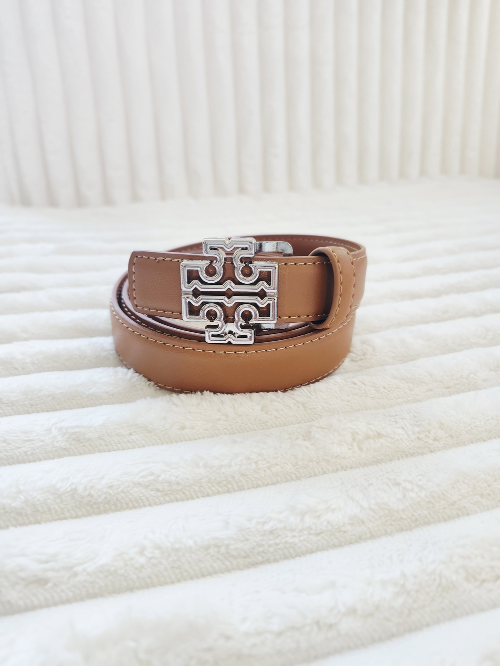 Tory Burch Tan Leather Belt Silver Double T Buckle